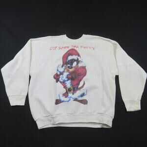 TAZ I'll Show You Merry Sweatshirt Christmas Looney Tunes White Womens XL 1990s
